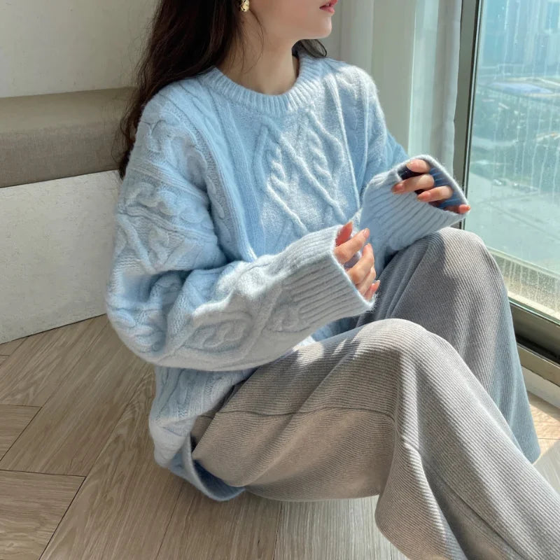Sweater Woman Winter 2023 Round Neck Bottoming Twist Sweater Lazy Wind Loose Casual Knit Pullover Long Sleeve Pullover Jumper