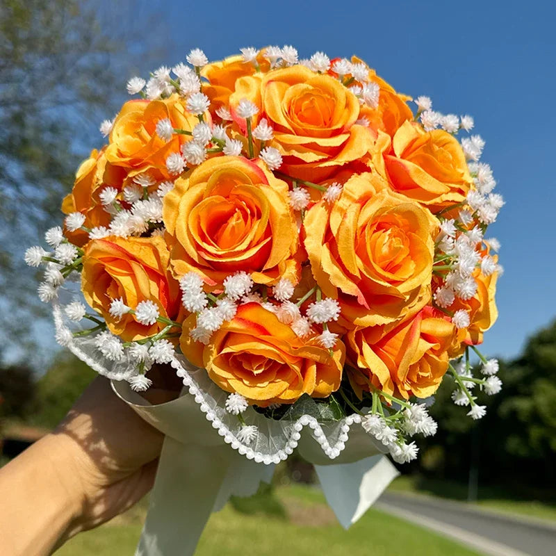 Wedding Bouquets for Bride Babysbreath Rose Bridesmaid Bouquets Silk Ribbon Valentine's Day Decoration Pearl Lace Mesh Ball Gift