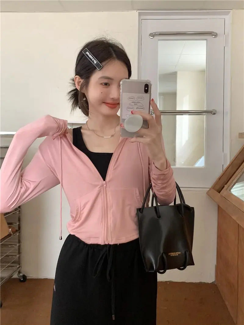 Hooded Jackets Women Thin Sunscreen Solid Fashion Summer Long Sleeve Cropped Coats All-match College Breathable Sporty Popular