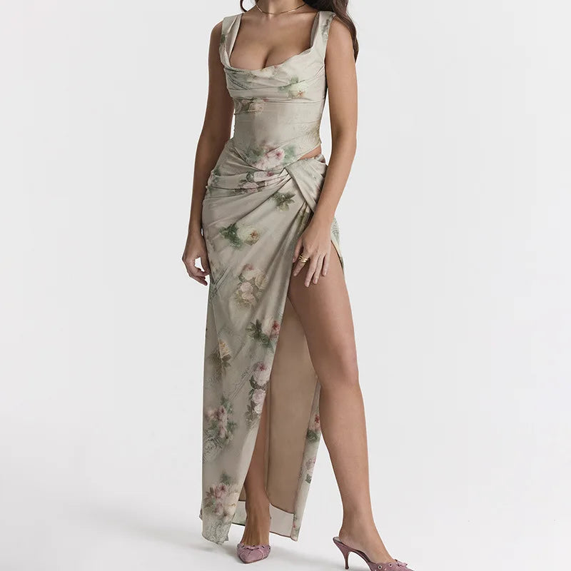 Floral Print Two Piece Dress Set For Women Outfits New In Matching Sets Corset Tops And High Waist Long Skirt Summer 2024