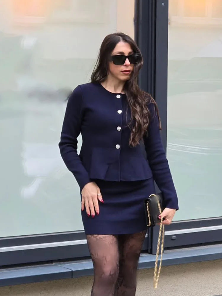 HH Women Skirt Suit O-Neck Single Breasted Long Sleeve Knitted Cardigan Top+Elegant Elastic Waist High Street Mini Skirt