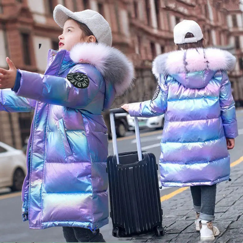 Warm Winter Jacket For Girls Coat Fashion Waterproof Shiny Hooded Children Outerwear Clothing 5-14 Years Teenage Kids Parka
