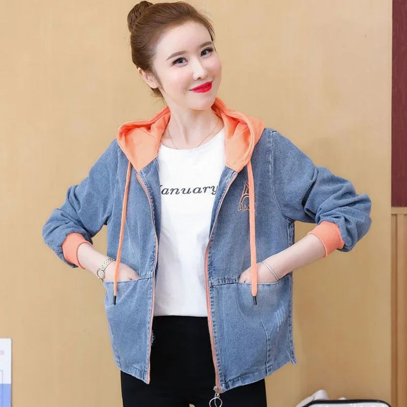 Outerwears Embroidered Spring Autumn Hooded Female Jeans Coat with Print Graphic Women's Denim Jackets Luxury Low Price Harajuku
