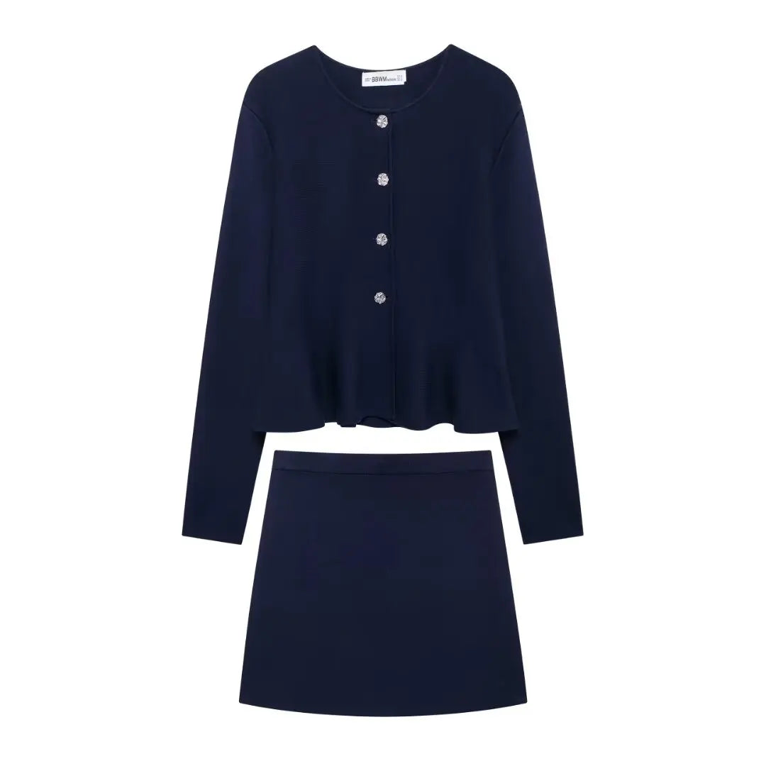 HH Women Skirt Suit O-Neck Single Breasted Long Sleeve Knitted Cardigan Top+Elegant Elastic Waist High Street Mini Skirt