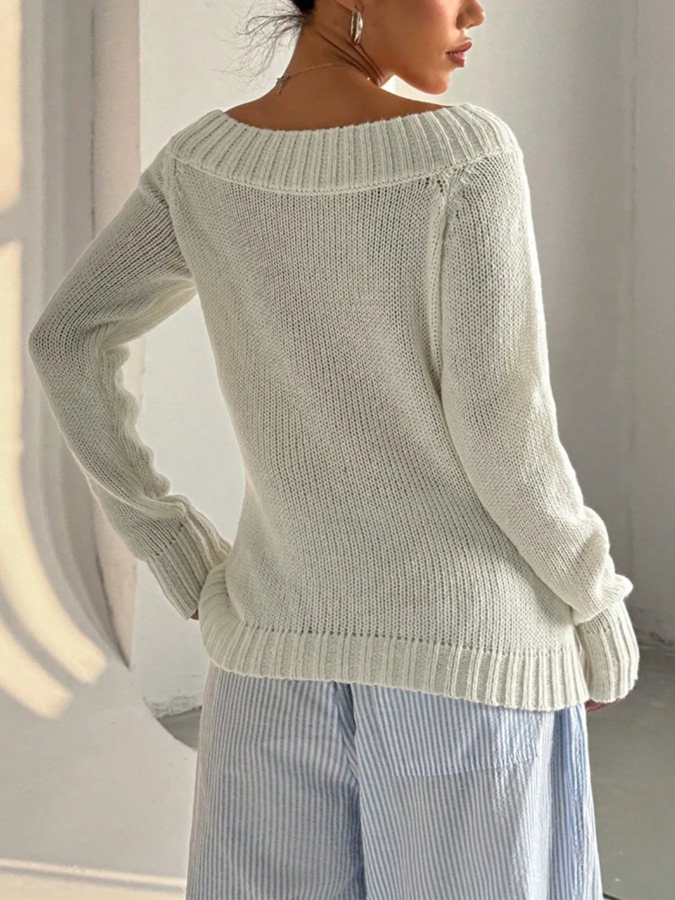 Sweater  Autumn/Winter White Simple One Word Collar Hoodie With Oblique Shoulder Out Long Sleeve Women's Knitted Casual Women
