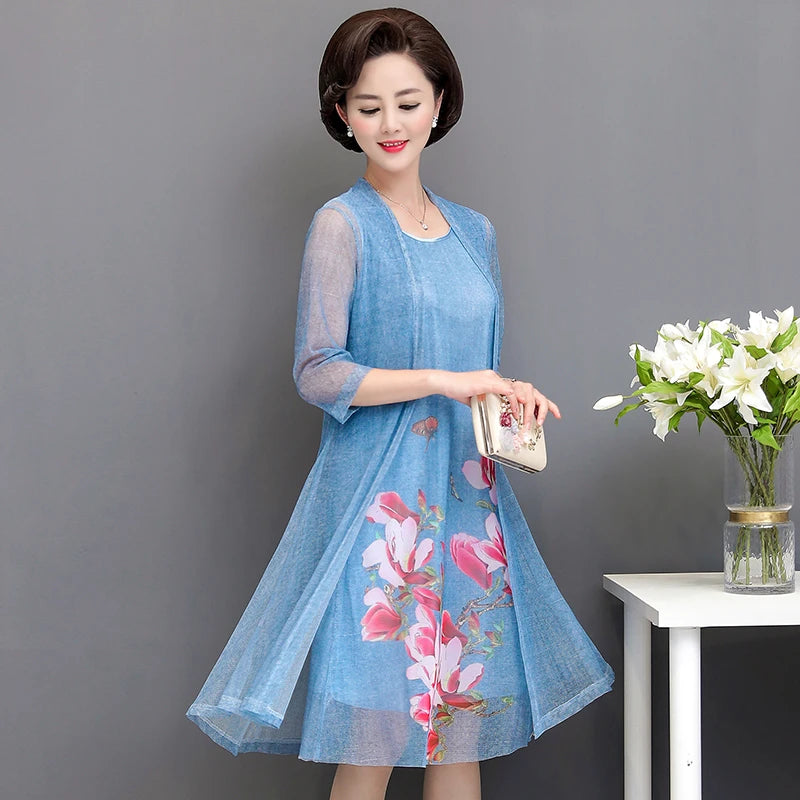 Elegant Dresses Women NEW Summer Casual Retro Temperament printing two Piece Set Dress Mother Dress plus Size
