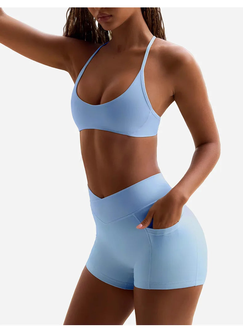 Women's Yoga Suit High Elasticity Naked Breathable Elastic Cross Waist Shorts Hanging Neck Bra Beautiful Back Gym Exercise Set