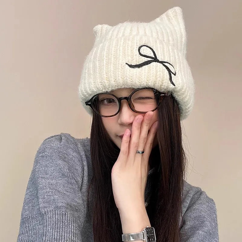 Hat for Women Cute Cat Ears Autumn Winter New Knitted Hat Winter Warm Embroidered Face Slimming Beanie Wool Hat