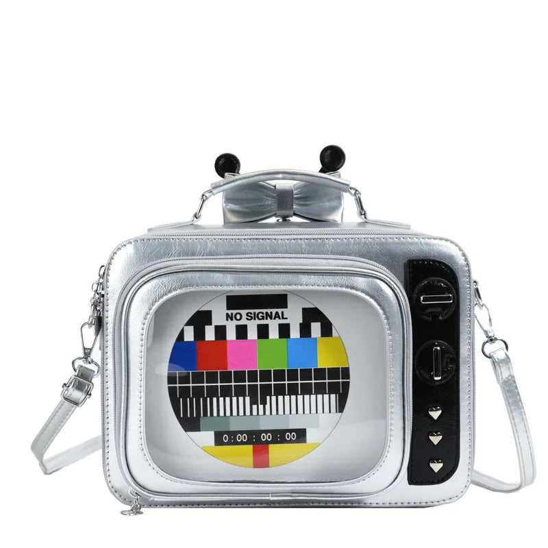 Cartoon Cute Handbags for Women Funny Retro TV Transparent Square Bag Fashion Leather Personalized Creative Shoulder Bag Woman