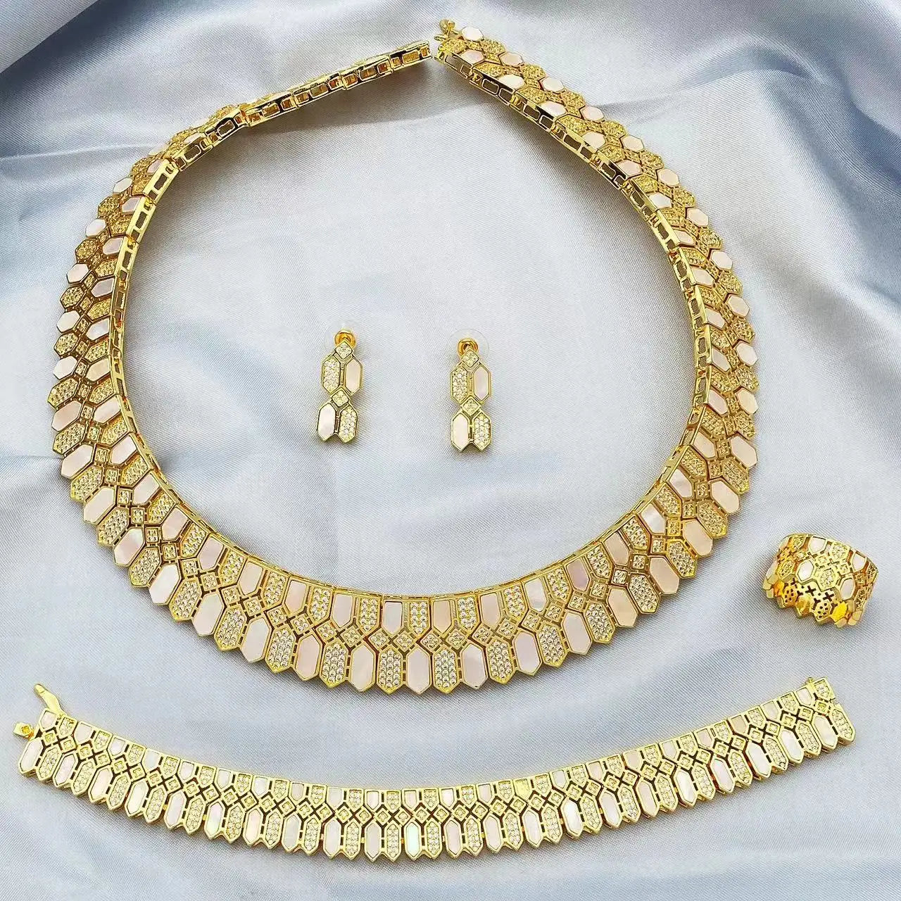 HOT  Jewelry Sets For Woman Wedding Parties Jewellery Necklace Earrings Rings Bracelets For Gift Plating18k With CZ White shell