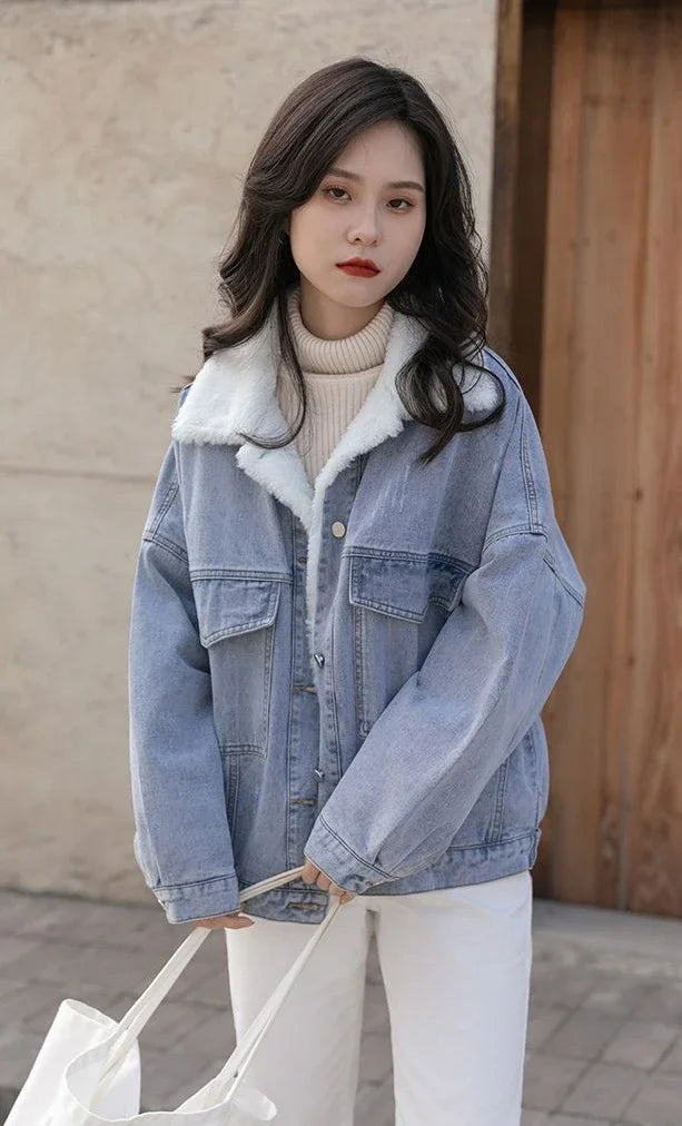 Outerwear Wool Inside Plain Warm Blue Denim Jacket for Women with Fur Plush Woman Jean Coat Winter 2025 Cold Padded Korean Outer