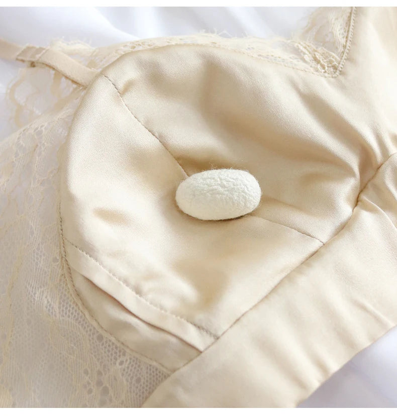 Women Silk Bras 93.8% Mulberry Silk 6.2 Spandex Lace Satin Surface Wire Free Wireless Bra Bralette Everyday Wear TA018