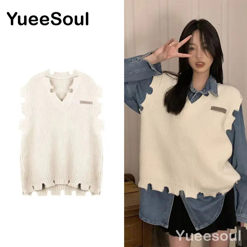 Sweet Kawaii Sweater Vest Printed Sleeveless Casual Outerwear Knitted Waistcoat 2023 Vintage Y2K Spring  E Girl Pullovers Tops