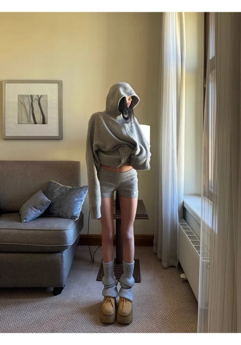 Sweater Set Women American Vintage Hooded Long Sleeve Cardigan Straight Shorts Grey Two Piece Outfit Fall Winter Streetwear Set