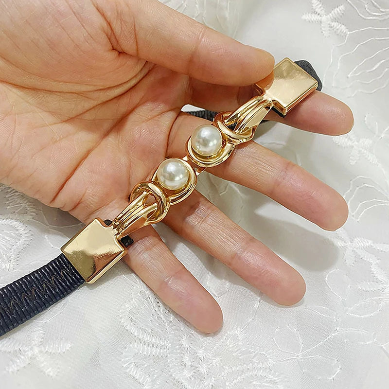 Elegant Double Pearls Buckle Elastic Women Belts Black Thin Straps Lady Girl Dress Skirt Decor Waistbands