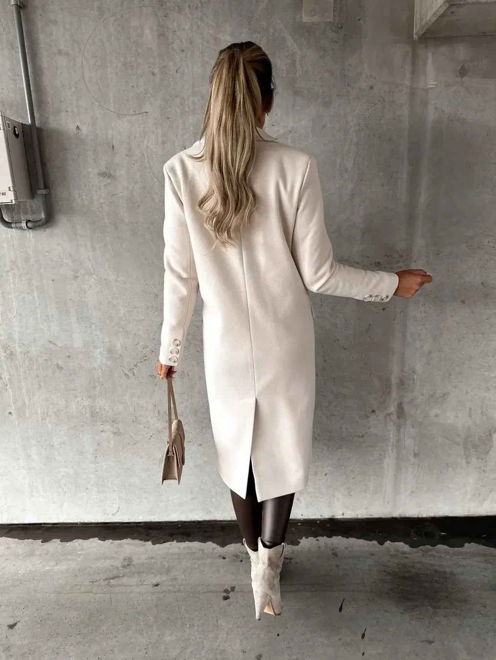 Women Double Breasted Woolen Outerwear Solid Color Long Overcoat Commuter Style Turndown Collar Lady Outerwear for Autumn Winter