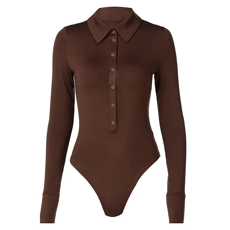 Long Sleeve Bodysuit Women Y2k Clothes Button Lapel Sexy Tops Autumn Winter Fashion Stretch Tight Elegant Body Suits Women 2024