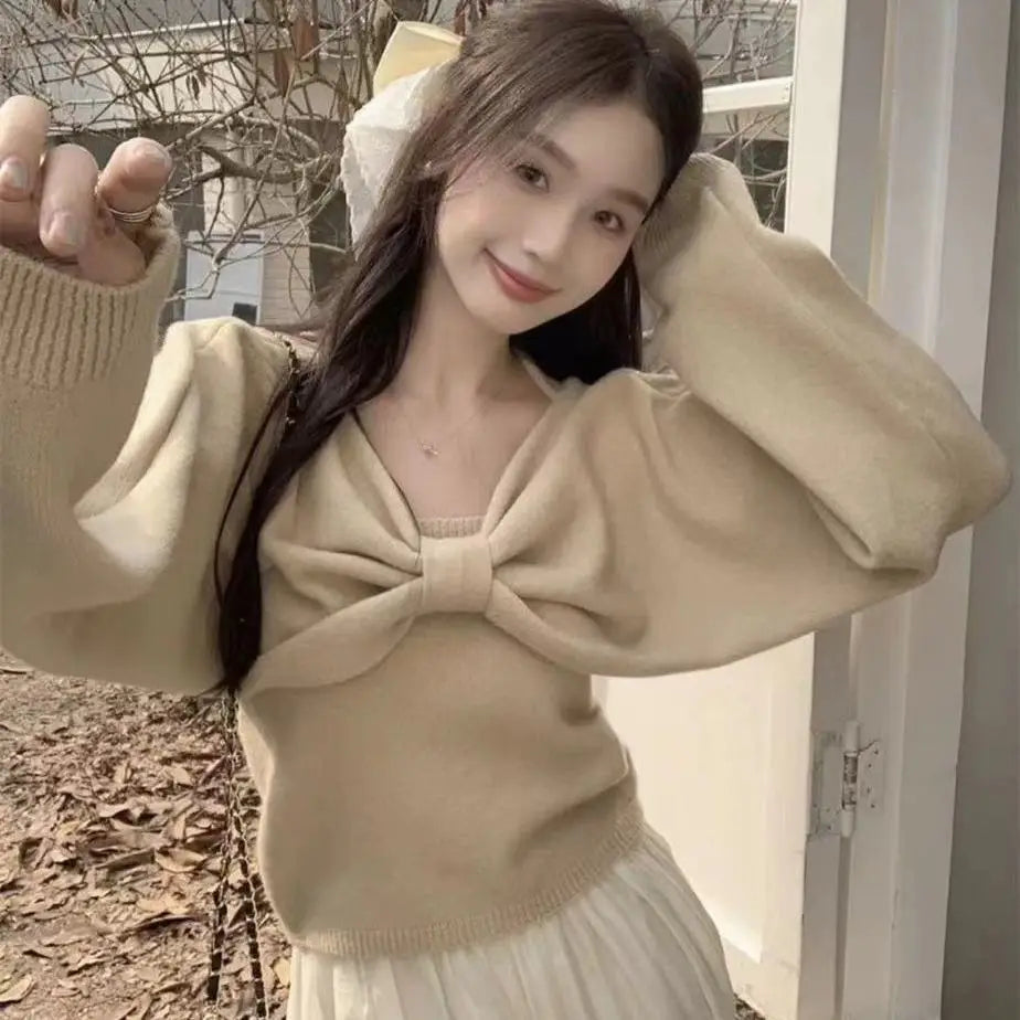 Sweater Suit for Women Two-piece 2025 Autumn New Suspender Vest Bow Long Sleeve Short Top