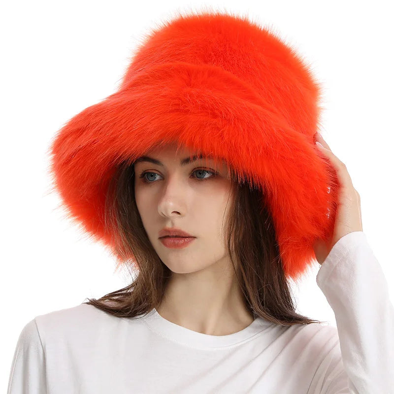 Hat Woman Winter Faux Fur Fisherman Hat Woman Versatile Warm Female Casual Party Fur Hats Women's Cap Ins Plush Bucket Hat