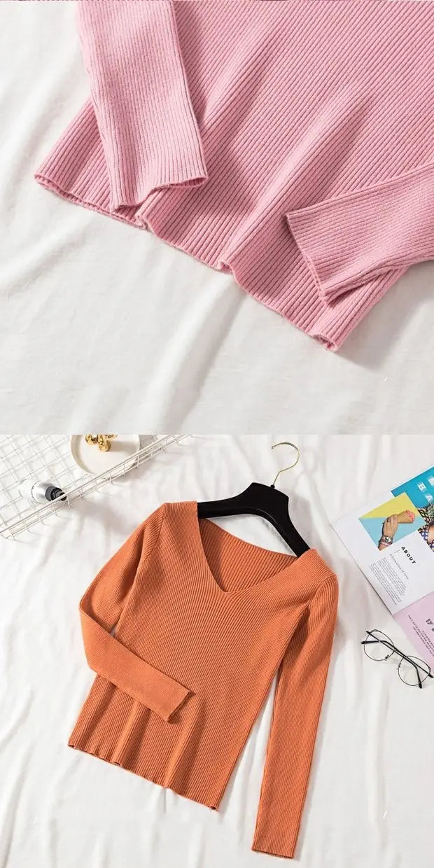 Women Sweater 2026 New Autumn Winter Long Sleeve Pullover Basic Top Fashion V-neck Elastic Female Winter Solid Knitted Jumper
