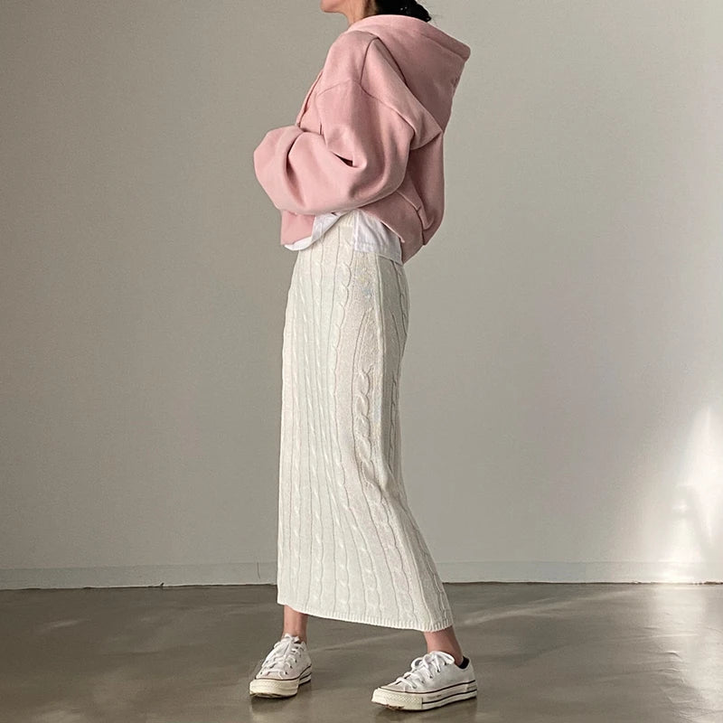 Solid Knitted Skirts For Women 2023 Fashion Autumn Winter Slim Long Skirt Vintage Casual Elastic High Waisted Straight Skirt New
