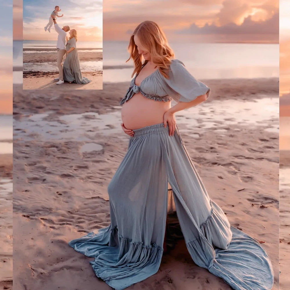 Maternity Photography Dresses Soft Cotton-Like Dress V-neck Tie Up Top A-line Skirt Two-Piece Set Clothes For Pregnant W