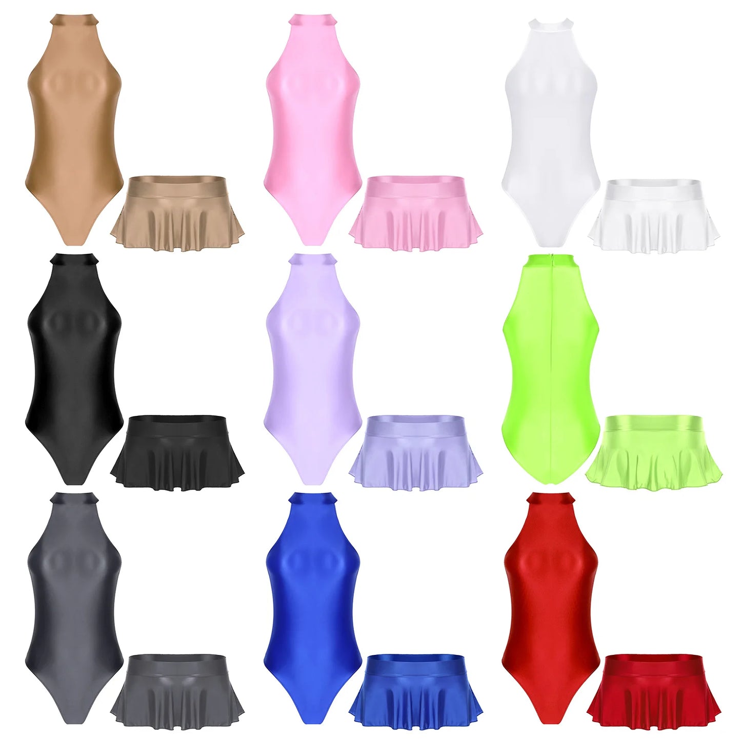 Women Glossy Bodysuit Swimsuit Set Elastic Sleeveless High Cut Leotard with Ruffled Mini Skirt Swimming Bathing Suit Swimwe﻿ar