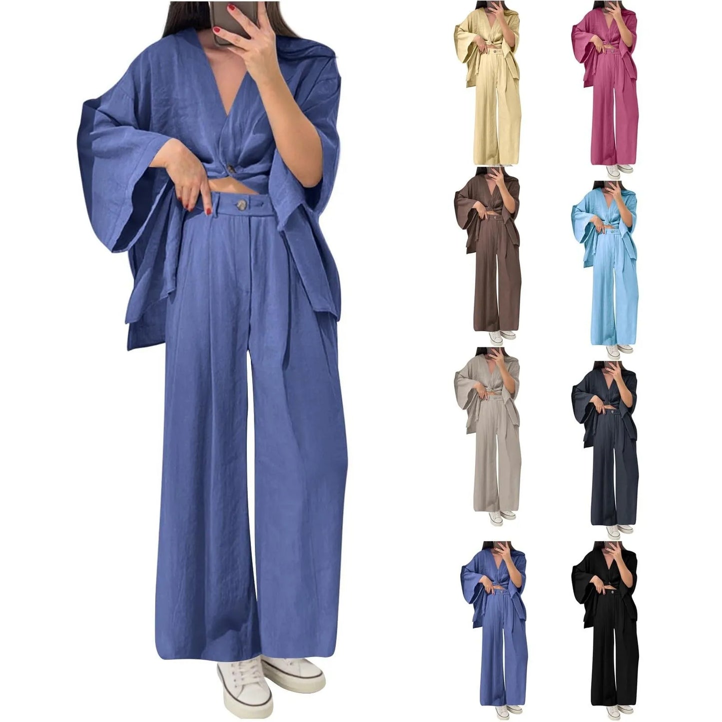 Two Piece Outfits For Women V Neck Button Down Shirt Top And Wide Leg Pants Set Loose Sweatsuits Conjunto Dos Piezas Mujer