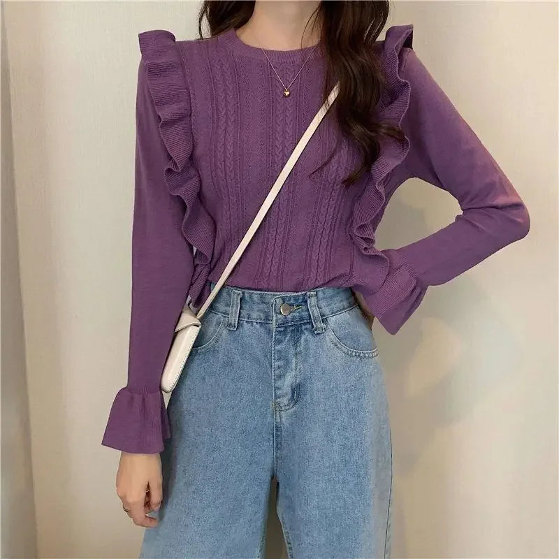 Ladies Sweaters Pullovers Round O Neck Grey Knitted Top for Women Jersey Winter 2025 Jumper Economics Long Sleeve Thermal Blouse