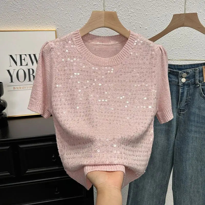Summer Sweater Short-sleeved T-shirt for Women Temperament and Fashionable Versatile Half-sleeved Sweater Sequin Top