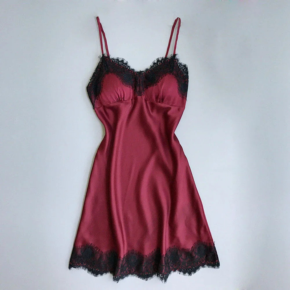 Ladies Sexy Silk Satin Night Dress Sleeveless Nighties V-neck Nightgown Nightdress Lace Sleepwear Nightwear for Women S-3XL