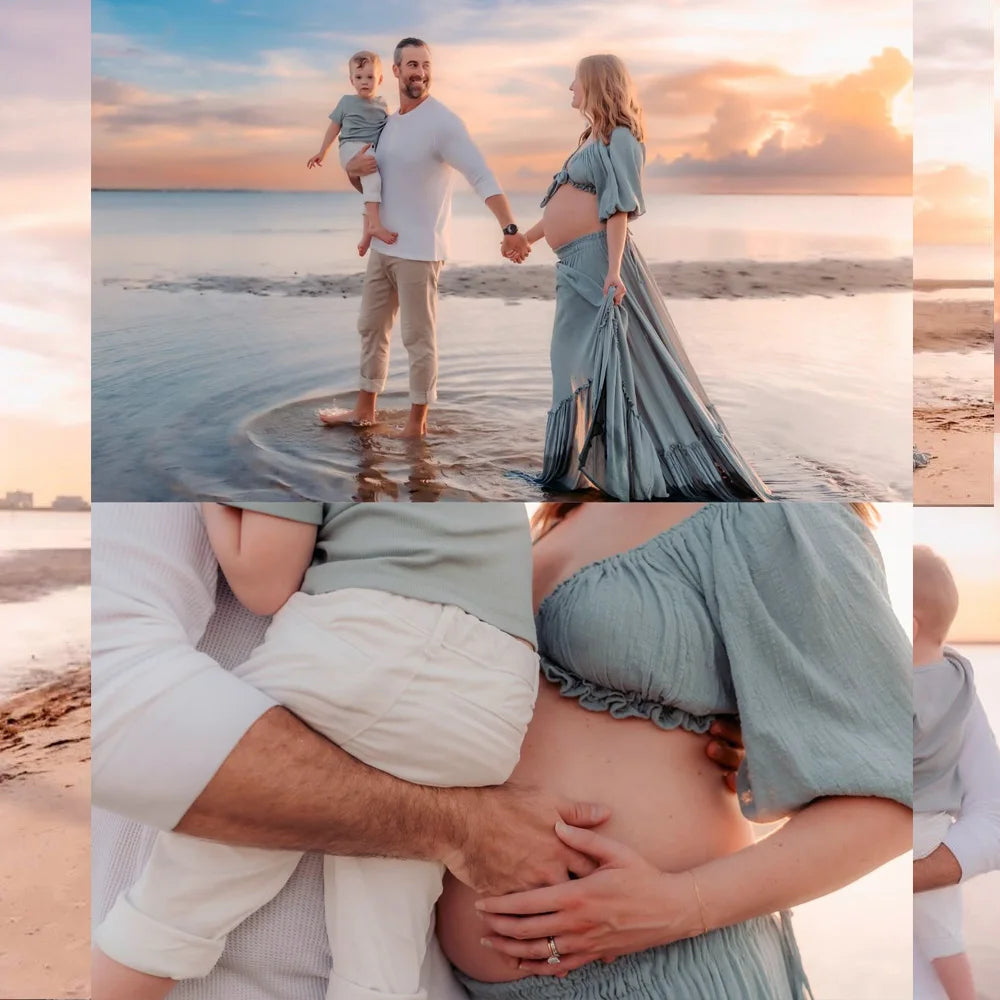 Maternity Photography Dresses Soft Cotton-Like Dress V-neck Tie Up Top A-line Skirt Two-Piece Set Clothes For Pregnant W