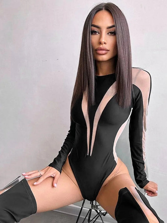 See Through Sexy Bodysuit Lingerie Long Sleeve Lenceria Tranparente One-Pieces Body Feminino Skinny Corset Top Women Rave Outfit