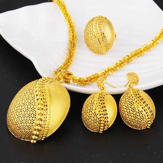 Dubai Exotic Floral Jewelry Set Gold Tone Necklace Earrings Women Wedding Accessories