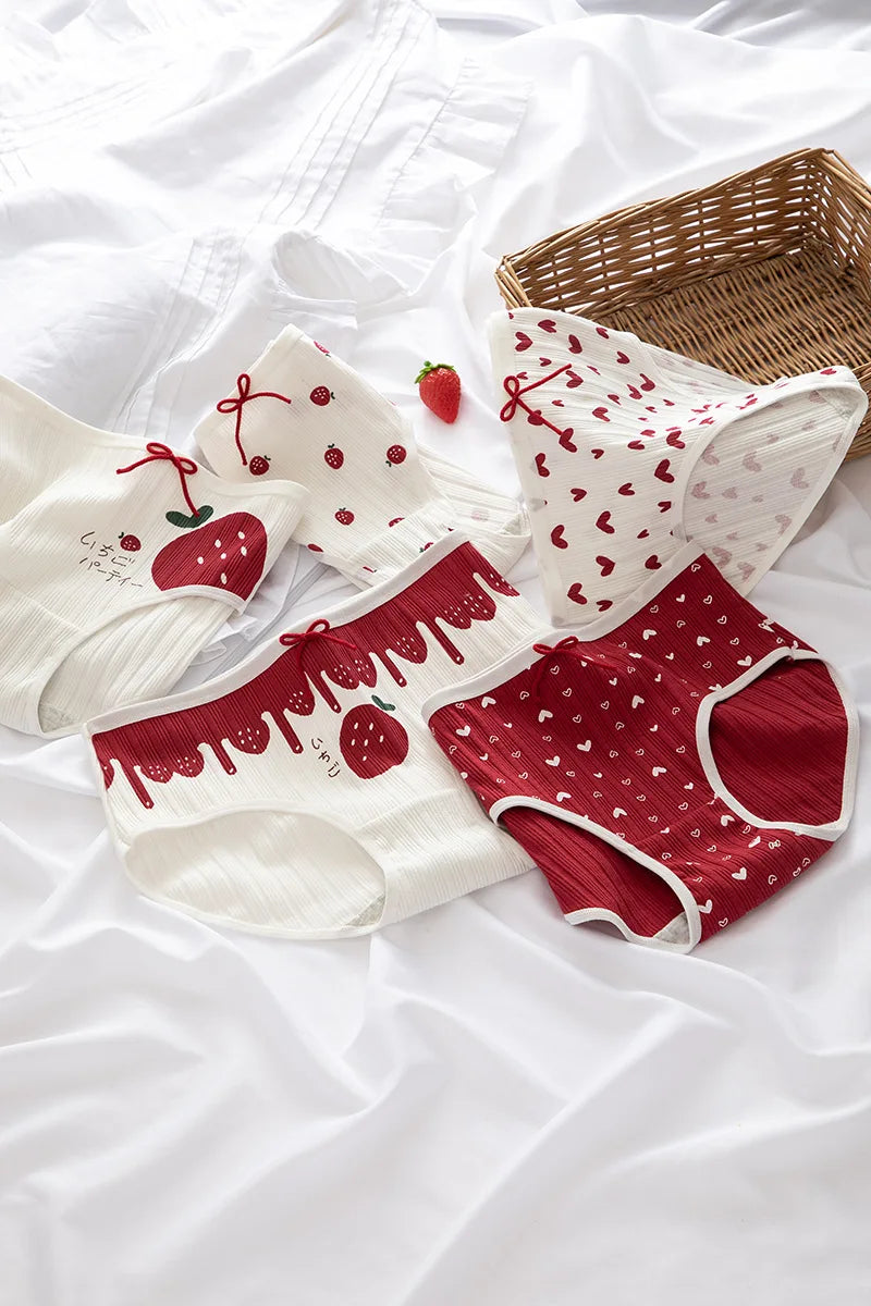 Cotton Panties Female Underpants Sexy Women Underwear Soft Lingerie Lace Up Briefs Strawberry Hearted Printed Pantys
