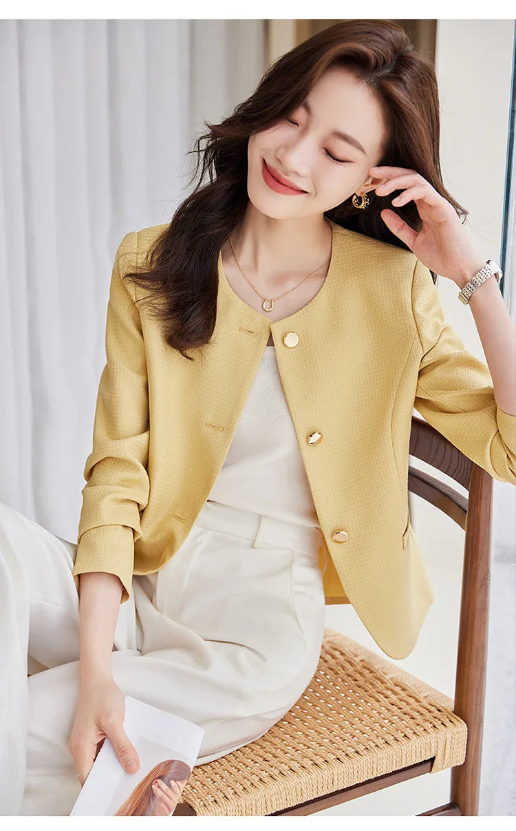 High quality blazer for women short jacket single breasted O neck spring autumn elegant office clothes pink yellow blue white