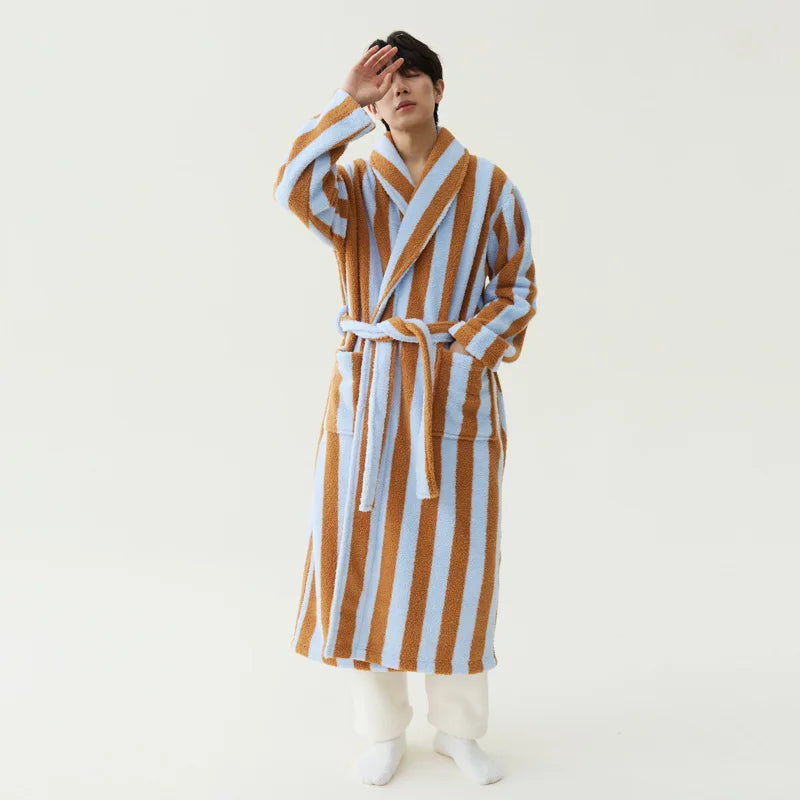 2025 New Autumn/Winter Women's Sleepwear Thick Velvet Warm Robe Couple Coral Velvet Striped Lengthed Home Clothes Bathrobe