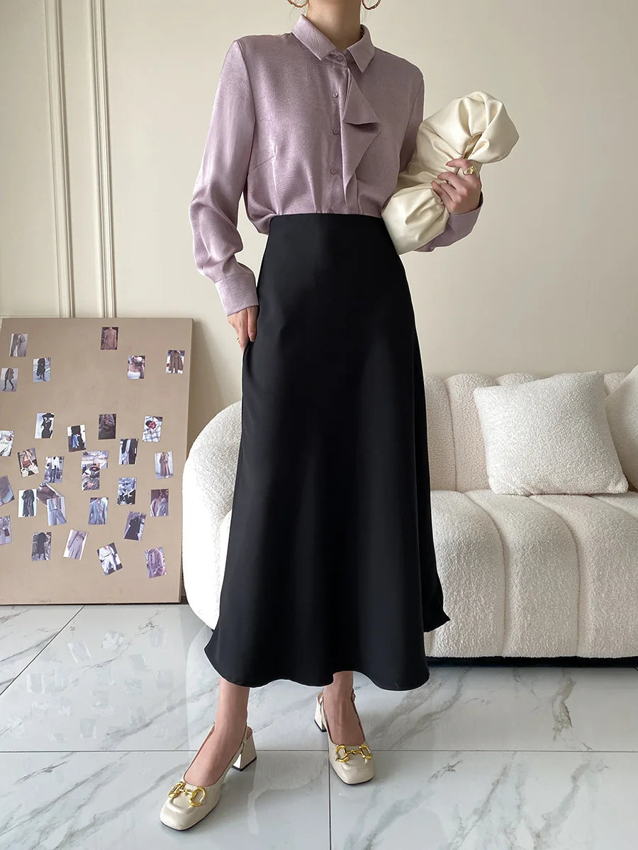 Elegant Skirts for Women Satin High Waisted 2025 New Slim Fit Long Skirt Fashion Temperament Simple Versatile Grey Black Skirts