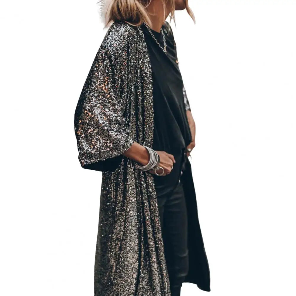 Women Coat Comfy Loose Outerwear Outwear Windproof  Stylish Shining Sequins Cardigan Jacket Top