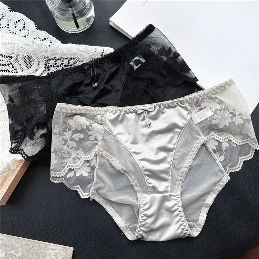 Sexy Women Panties French Style Lace Panty Satin Silk Seamless Briefs Breathable Lingerie Breathable Underwear Ultra-Thin Trunks