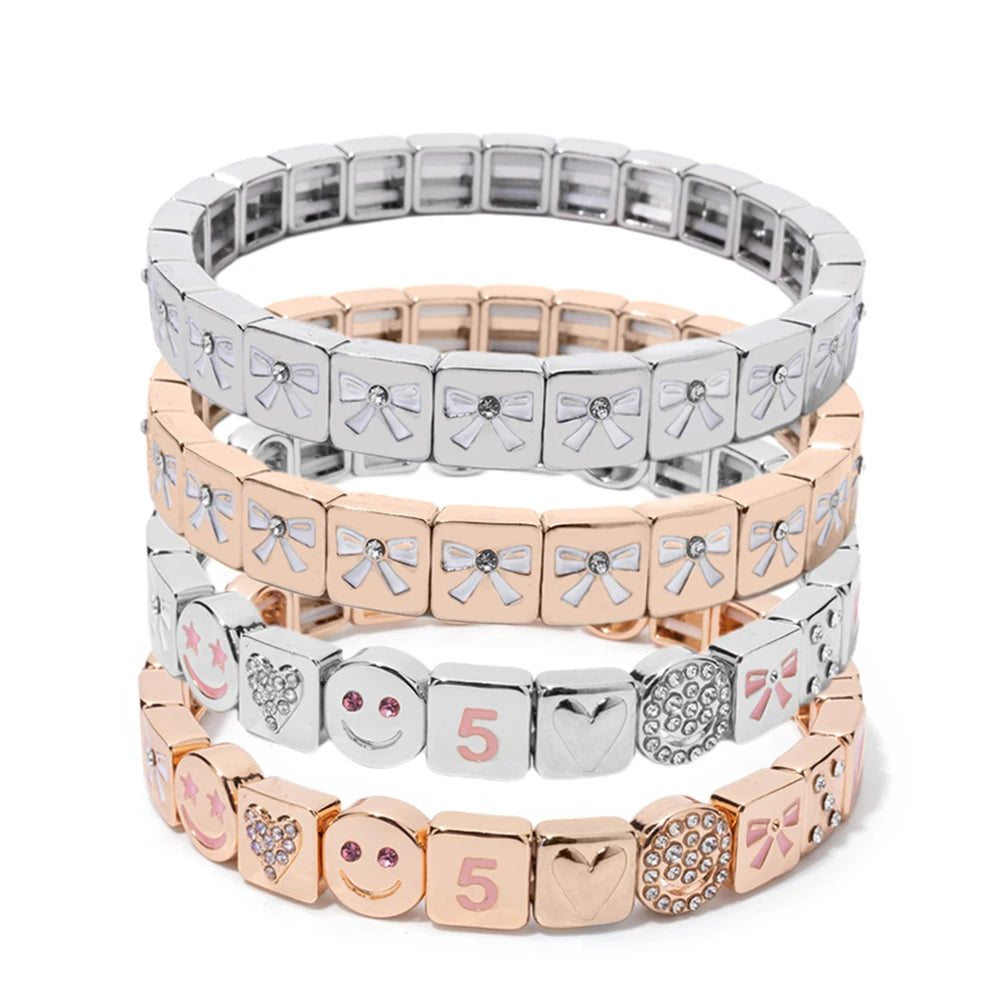 Happy Bowknot Bracelets For Women Gold Sliver Color Zinc Alloy Inlaid Diamond Beaded Elastic Bracelets