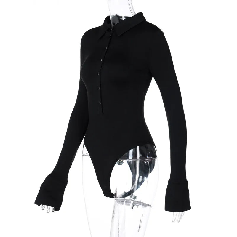 Long Sleeve Bodysuit Women Y2k Clothes Button Lapel Sexy Tops Autumn Winter Fashion Stretch Tight Elegant Body Suits Women 2024