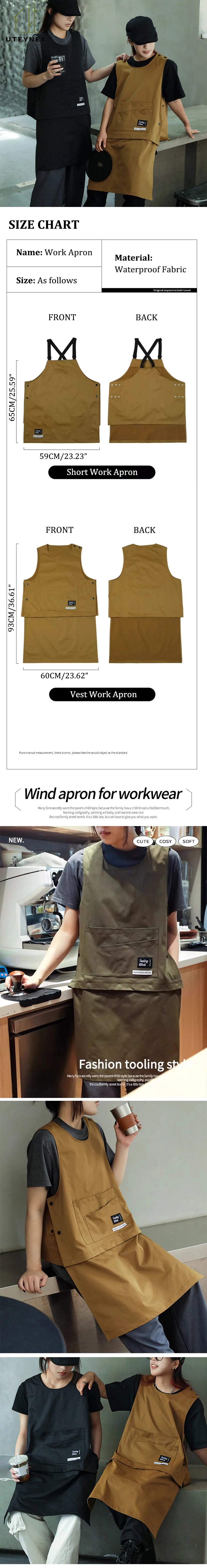 Kitchen Catering Cafe Work Waterproof Apron with Pockets Stain-resistant Detachable Men Women Hairdressing Barista Apron Vest