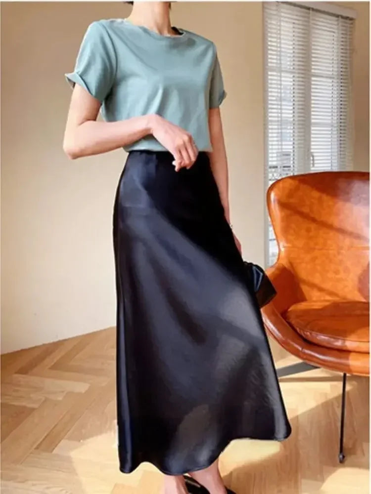 Elegant Skirts for Women Satin High Waisted 2025 New Slim Fit Long Skirt Fashion Temperament Simple Versatile Grey Black Skirts