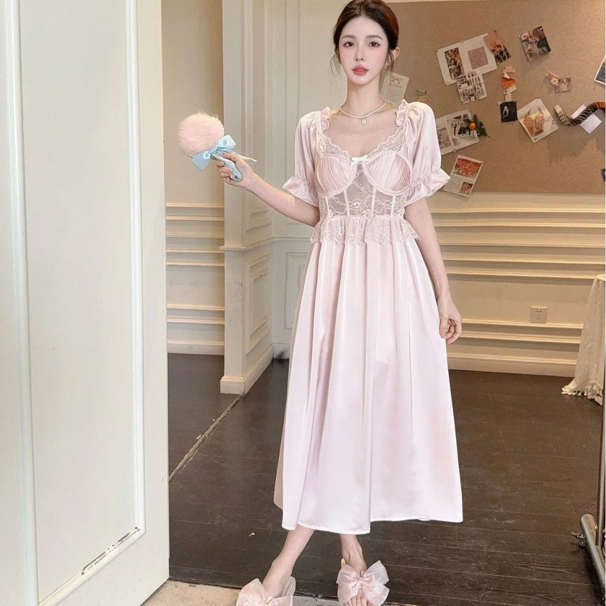 Women Long Nightgown Sleepwear Elegant Retro Court Style Nightdress Home Dressing Gown Spring Summer Rayon Sexy Lace Loungewear