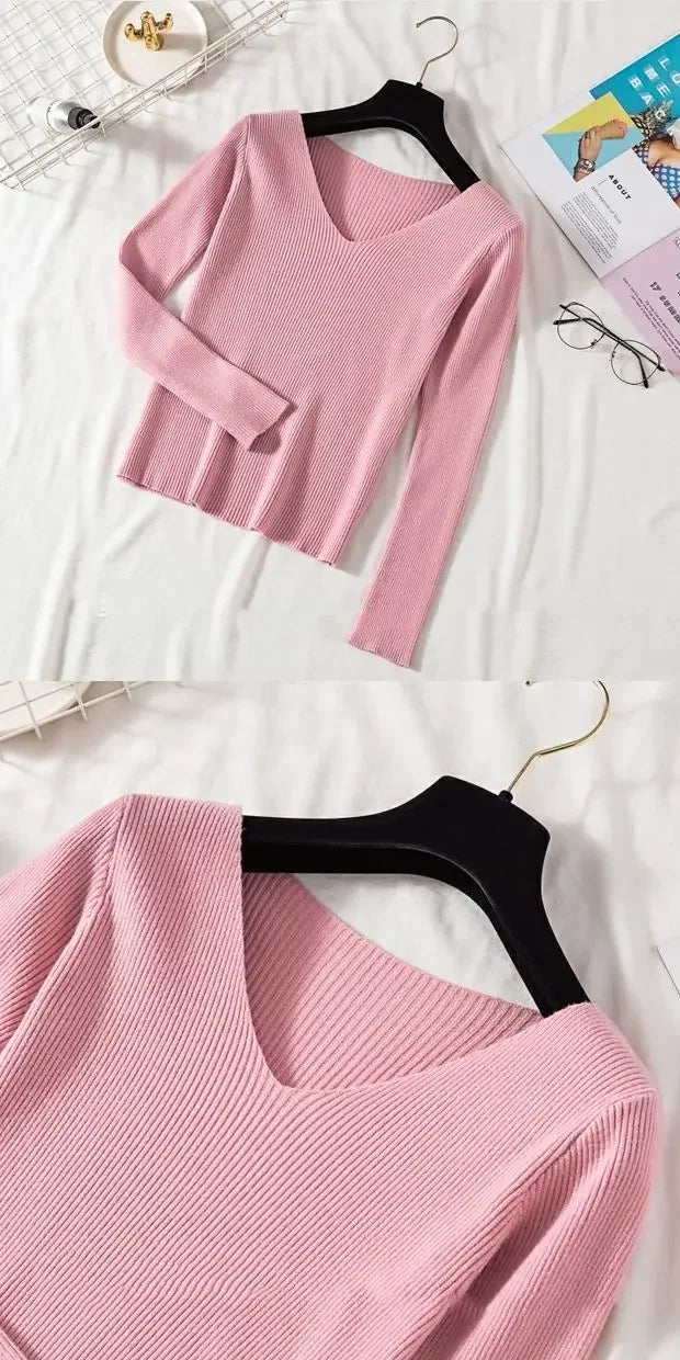 Women Sweater 2026 New Autumn Winter Long Sleeve Pullover Basic Top Fashion V-neck Elastic Female Winter Solid Knitted Jumper