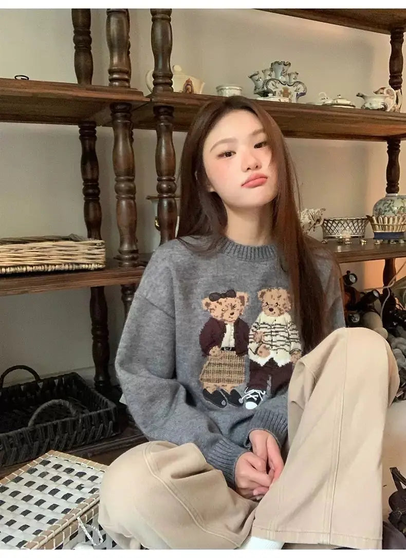 Sweater cartoon small bag core yarn needle retro women's  loose round neck knitted sweater new print black