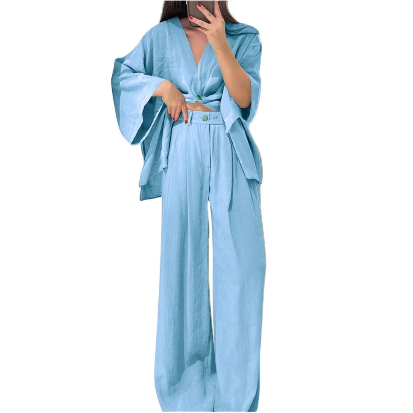 Two Piece Outfits For Women V Neck Button Down Shirt Top And Wide Leg Pants Set Loose Sweatsuits Conjunto Dos Piezas Mujer