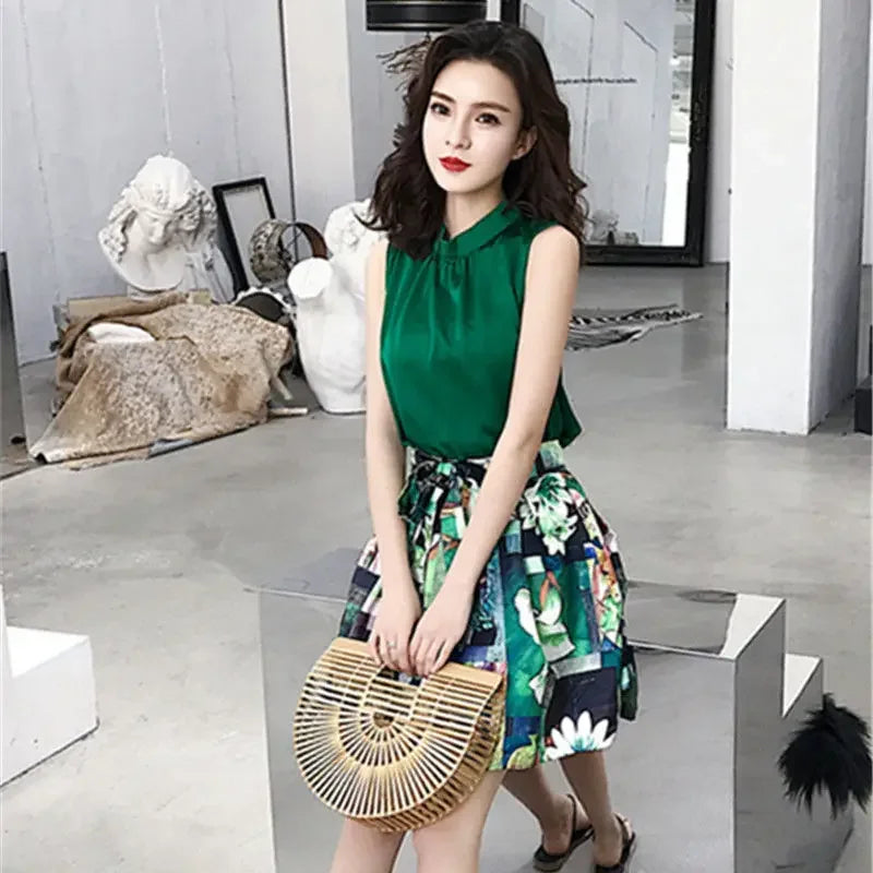 Women's Two Piece Set Skirt Printing Dress Mature Summer Clothes 2025 Y2k Festival Full New Matching in The Same Female Outfits