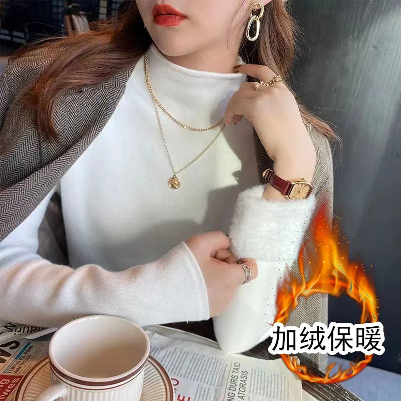 2025 Sweater For Women Casual Thick Warm Knit Plush Velvet Lined Pullover Tops Fall Winter Soft Knitwear Jumper New Slim Poleras